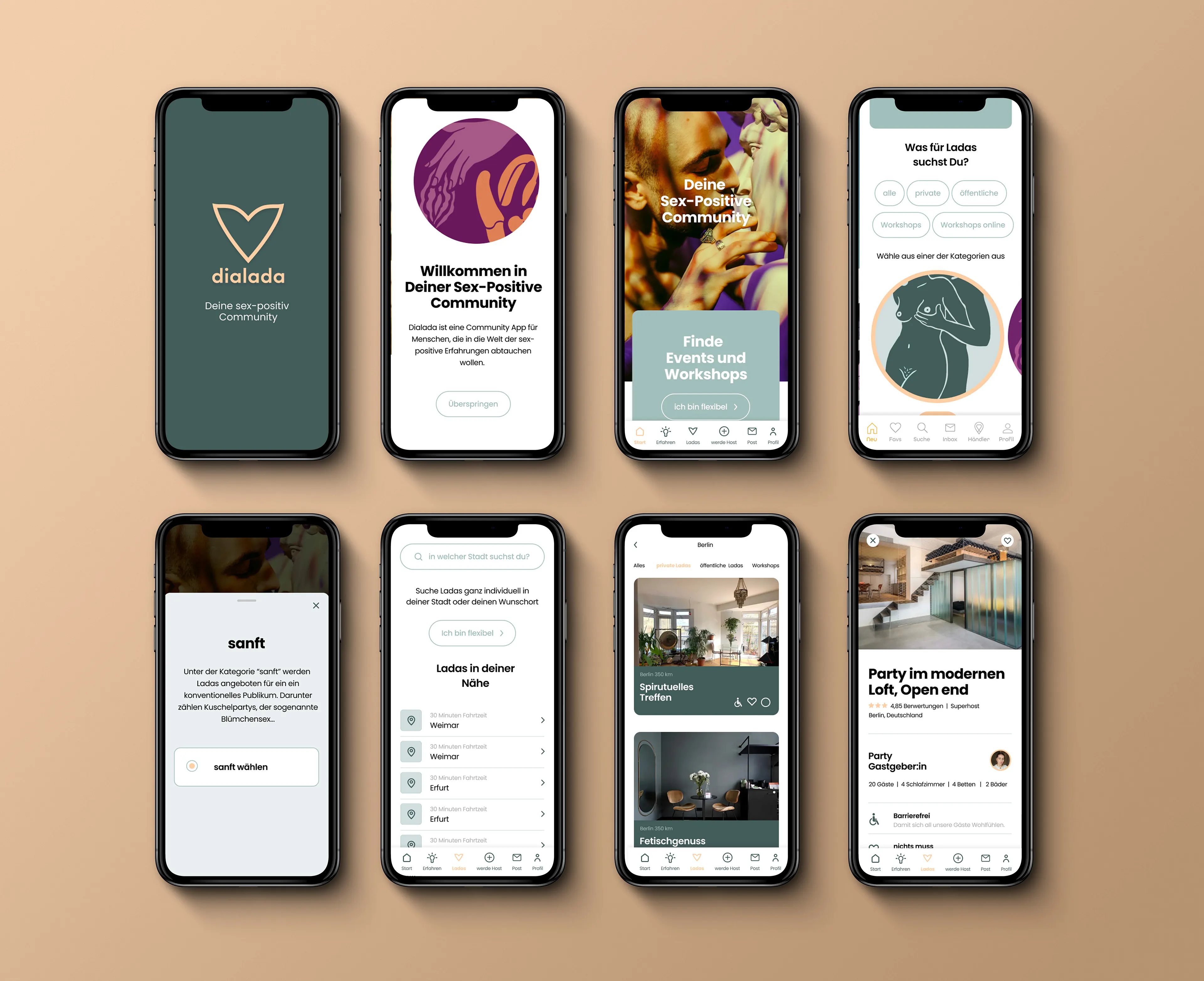 Acht Smartphone-Screens der dialada-App auf beigem Grund, vom Startbildschirm bis zur Eventseite