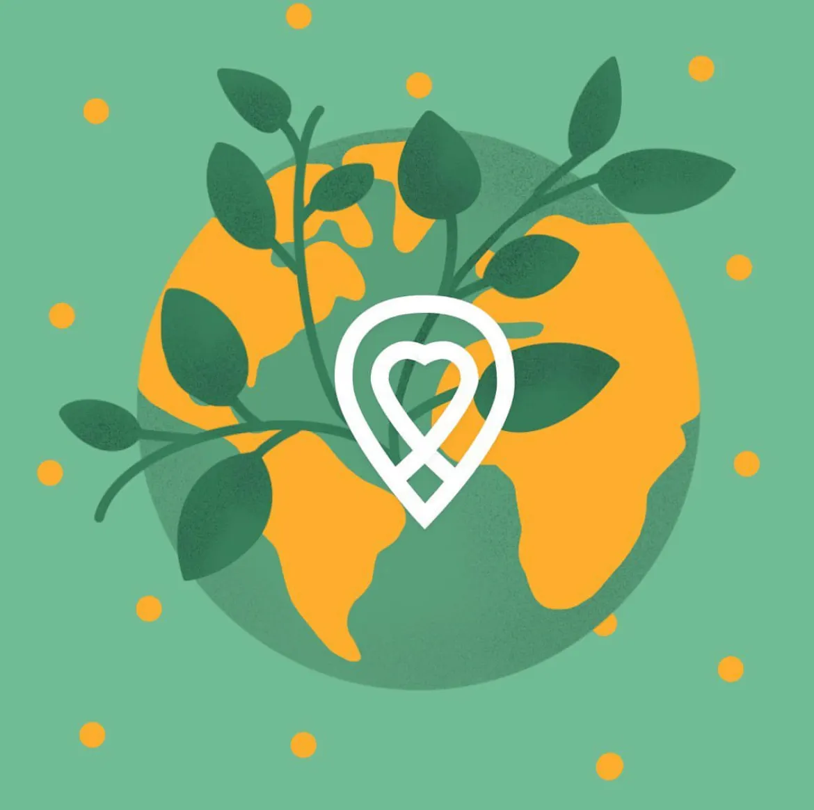 Illustration einer Weltkugel mit Pflanzenblättern und dem localing-Standortsymbol