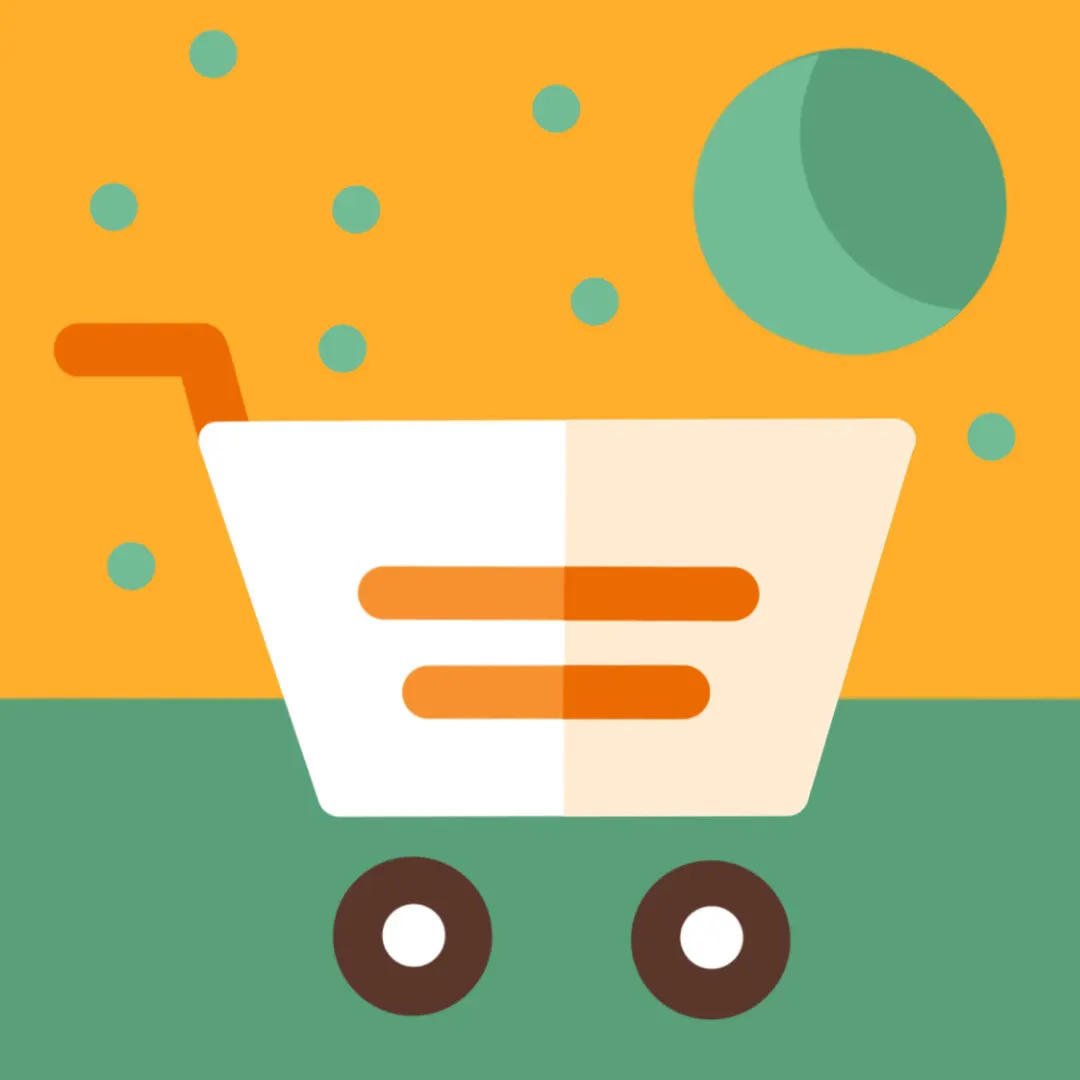 Illustration eines Einkaufswagens in Weiß und Orange auf Gelb und Grün