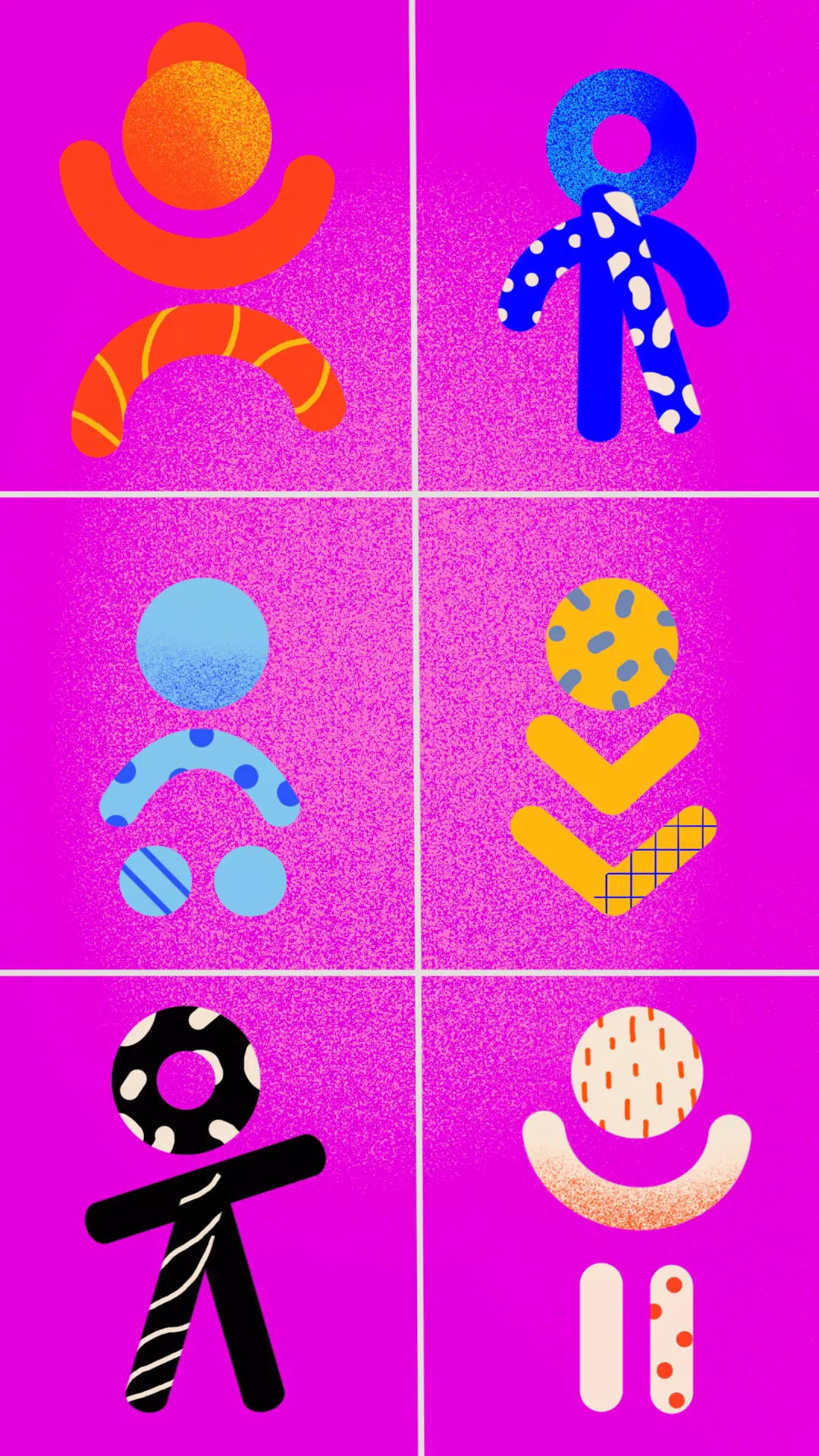 Sechs Figuren aus geometrischen Formen auf Magenta