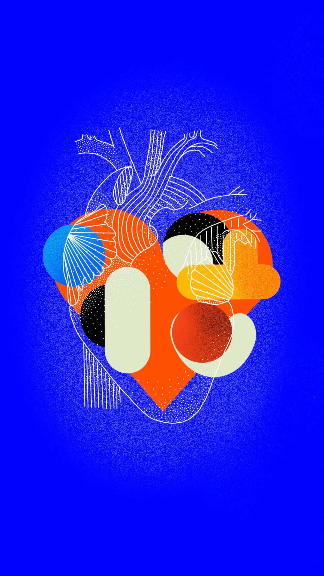 Illustration eines anatomischen Herzens aus Linien mit farbigen Formen auf Blau