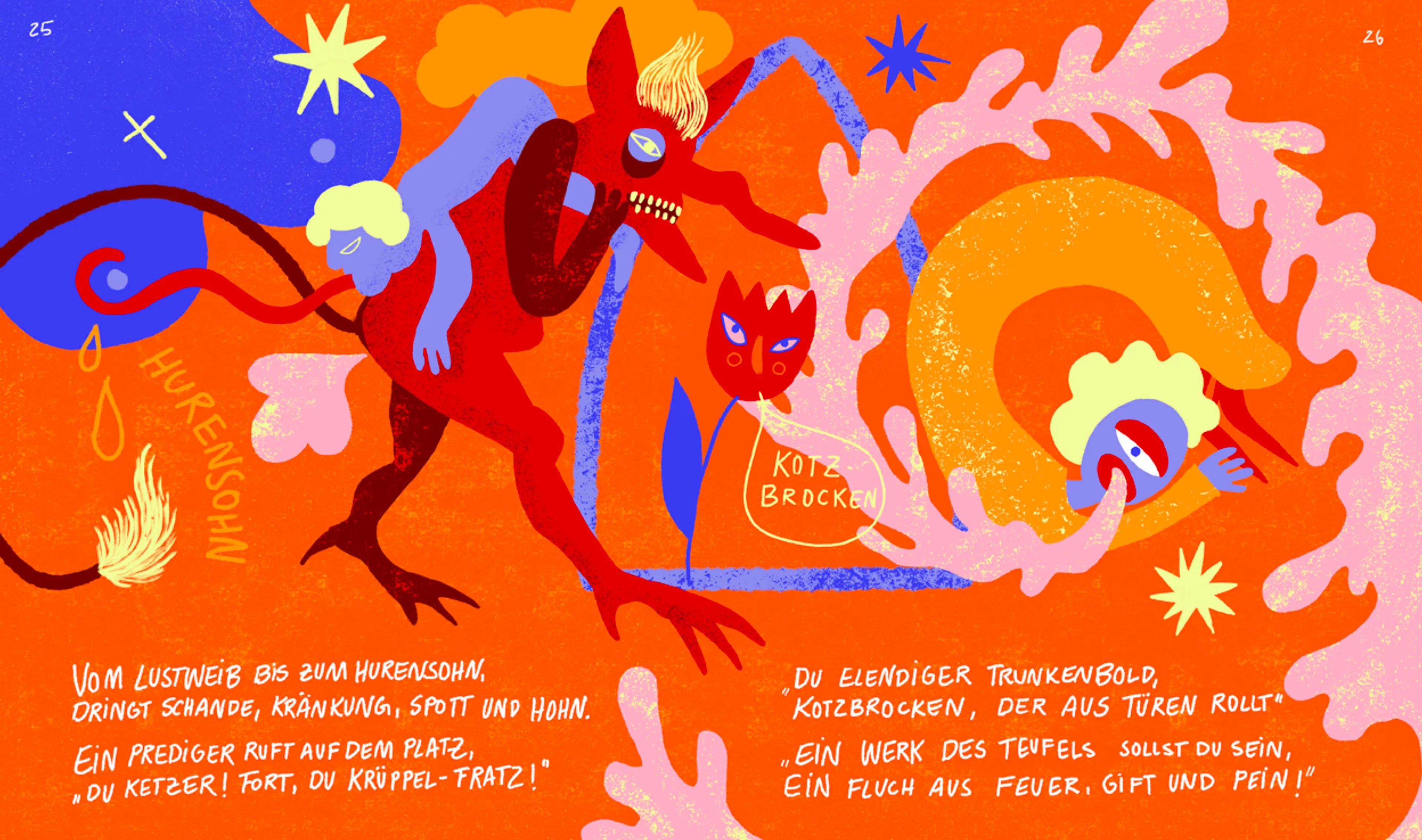 Doppelseite mit Teufelsfigur und Flammenspirale auf Orange und Blau