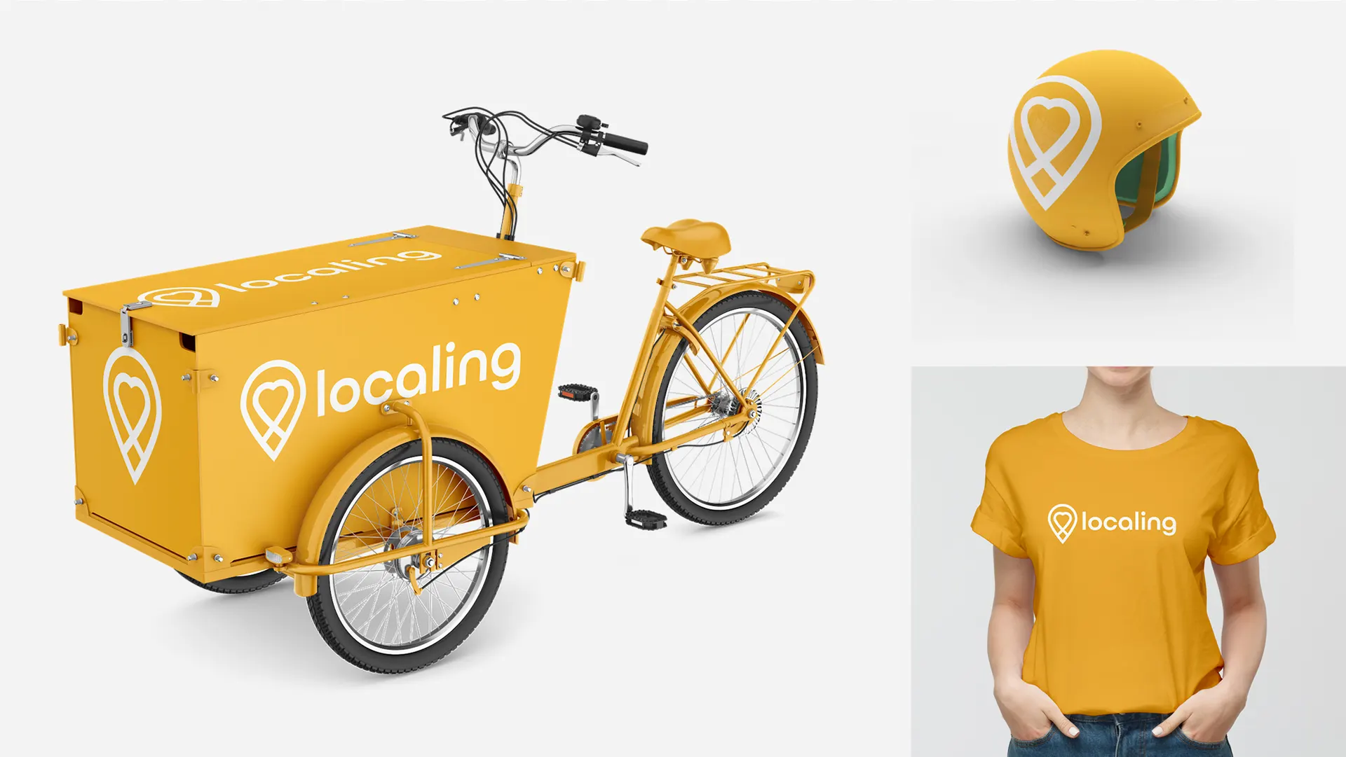 Lastenrad, Fahrradhelm und T-Shirt im localing-Design