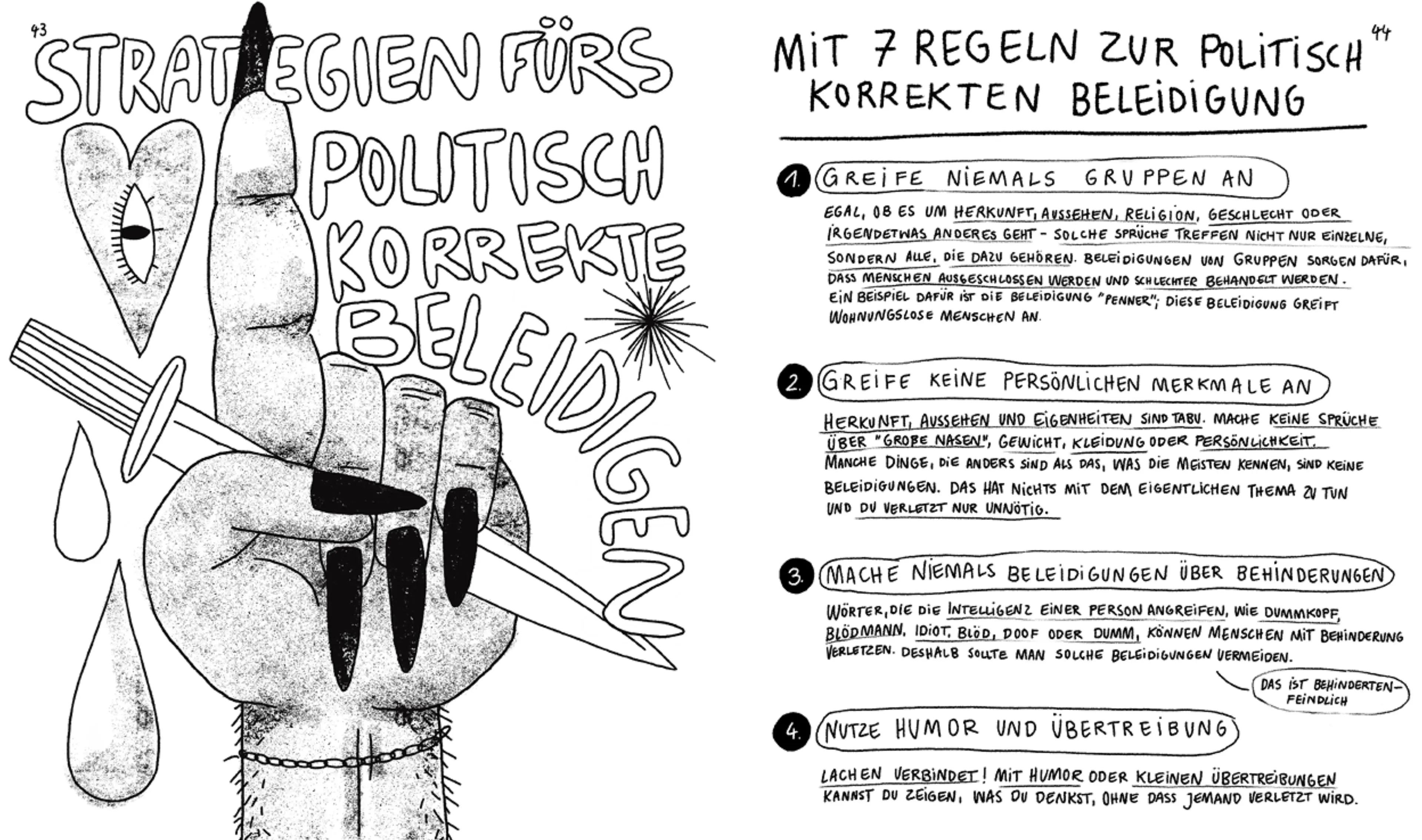 Doppelseite „Strategien fürs politisch korrekte Beleidigen“ mit sieben Regeln