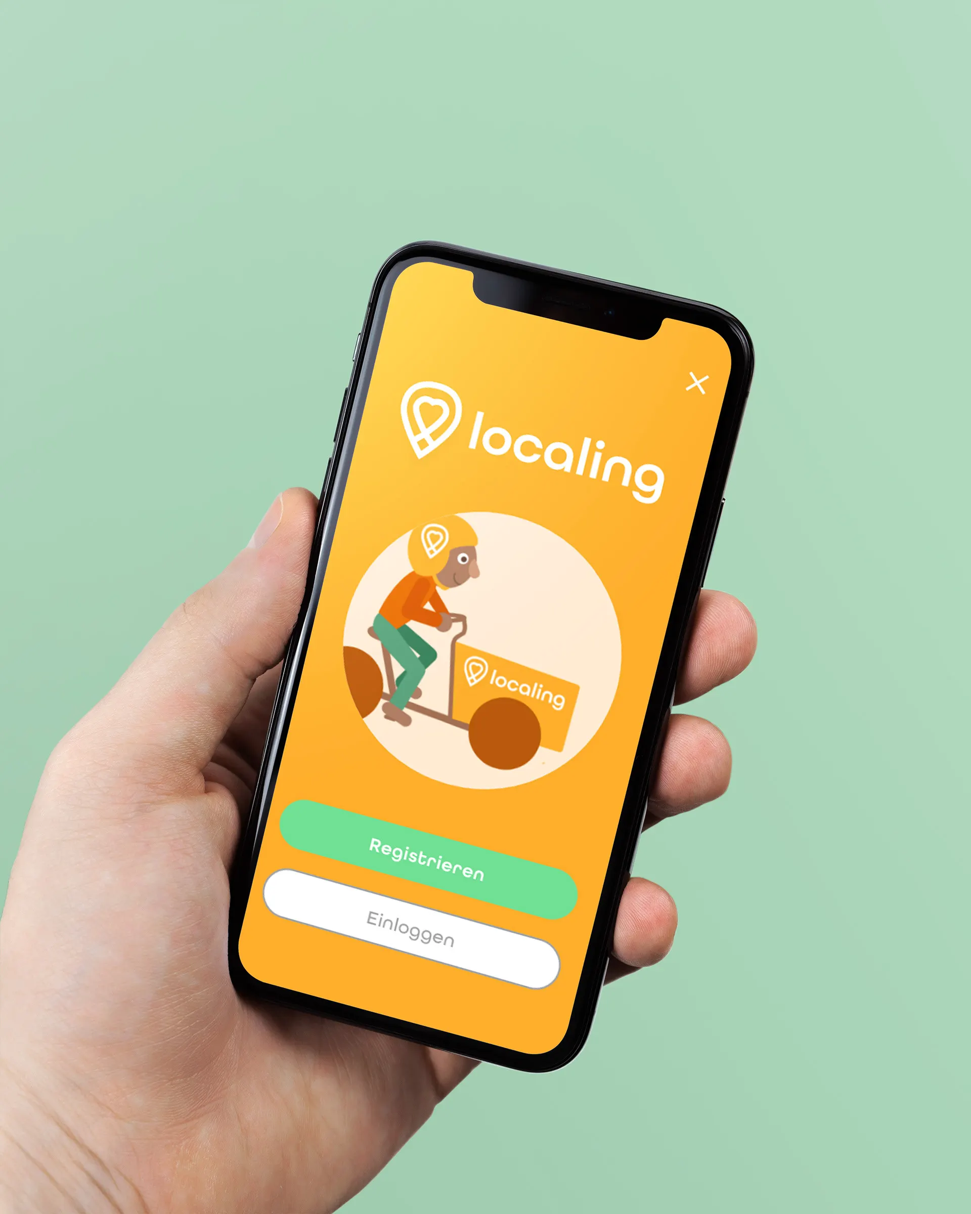 Hand hält ein Smartphone mit dem Registrierungsscreen der localing-App