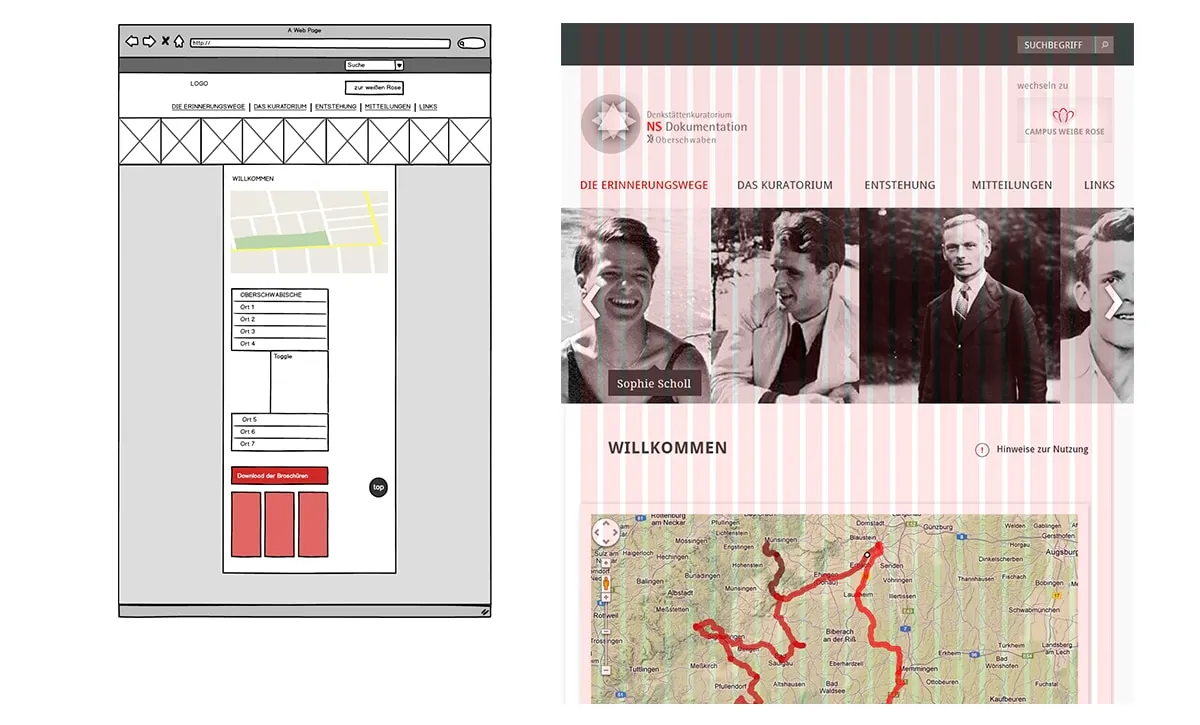 Wireframe der Website neben dem gestalteten Entwurf mit Porträtfotos und einer Karte der Erinnerungswege