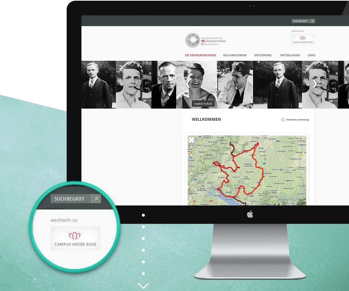 Website des Denkstättenkuratoriums auf einem Desktop-Monitor, mit vergrößertem Suchfeld