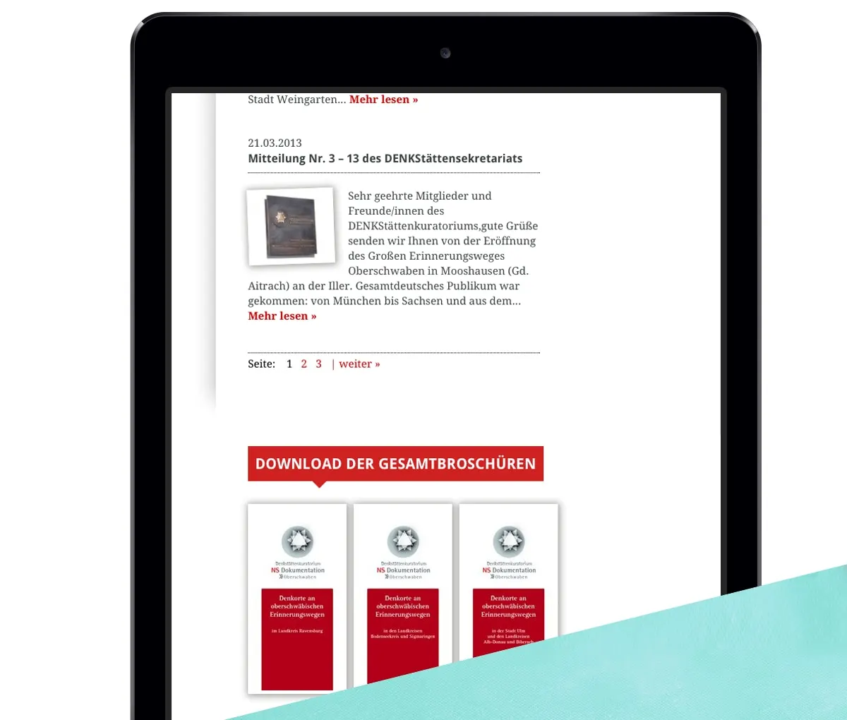 Website auf einem Tablet mit Mitteilungen und dem Bereich „Download der Gesamtbroschüren“